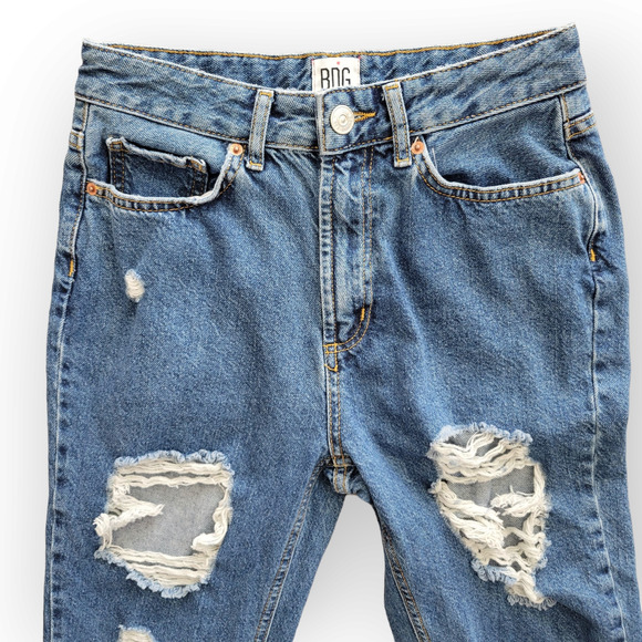 BDG Urban Outfitters High Waisted Ripped Mom Jeans 28 Dark Wash Destroyed Jeans - Picture 2 of 8